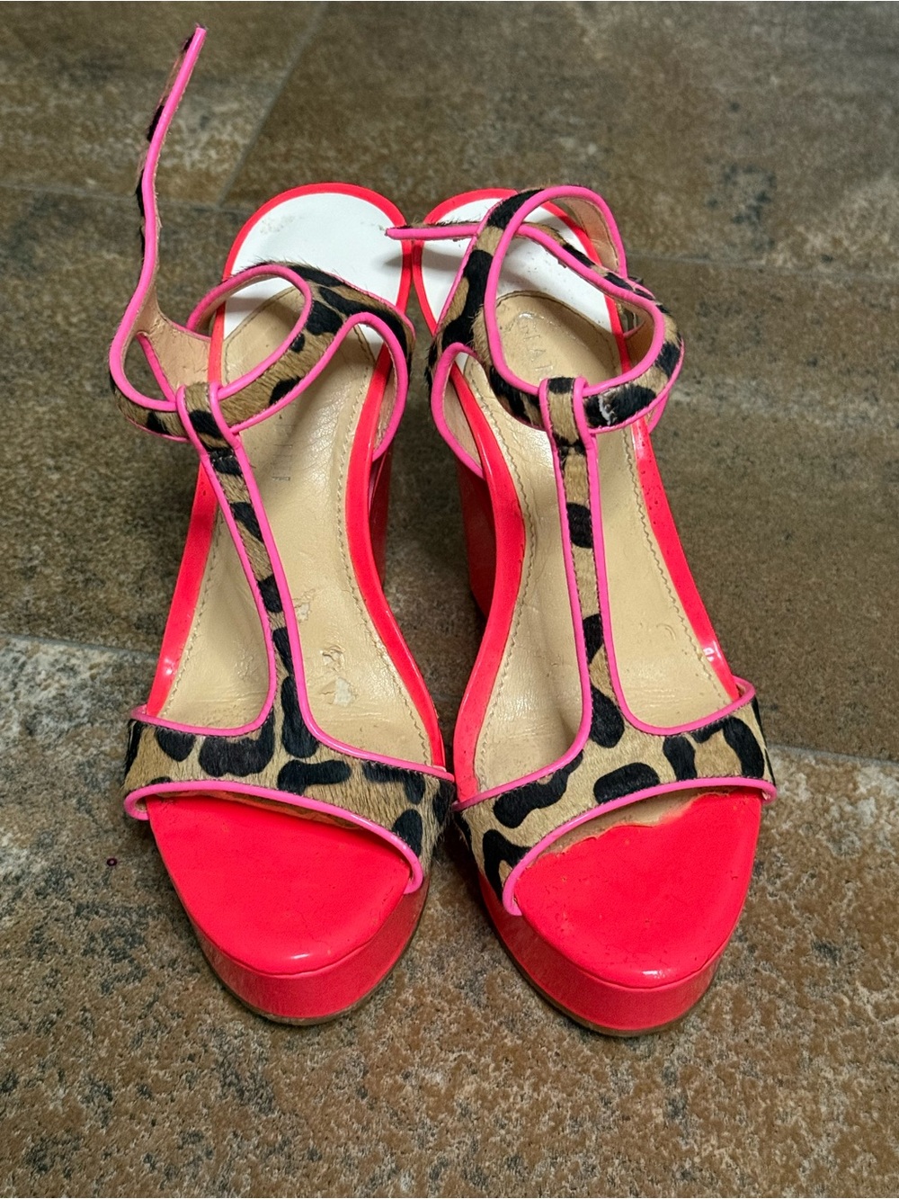 Gianni Bini Leopard Print T-Strap Platform Sandals with Hot Pink Trim